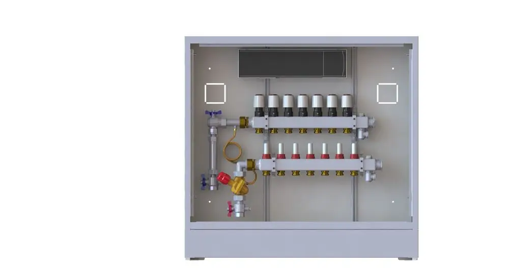 Danfoss Heizkreisverteilung mit mehreren Ventilen und Anschlussleitungen für Heizkreise, montiert in einem grauen Gehäuse, zur Regelung der Heizungsanlage.